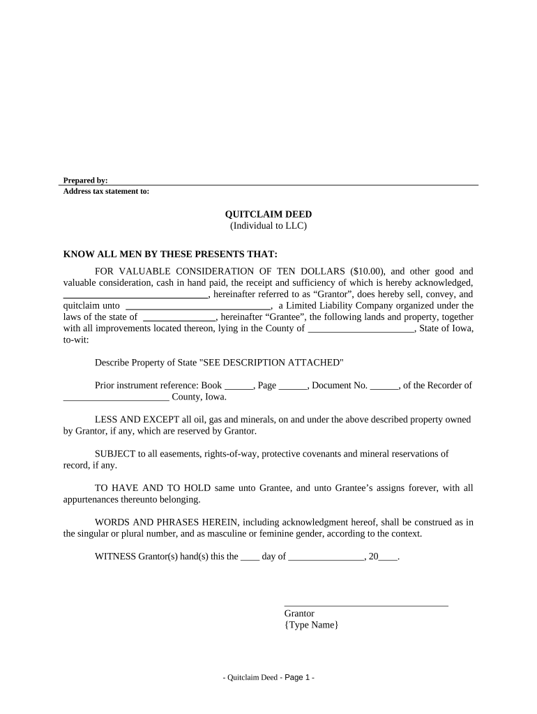 Quitclaim Deed from Individual to LLC Iowa  Form