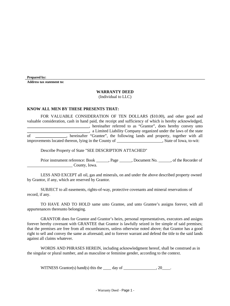 Warranty Deed from Individual to LLC Iowa  Form