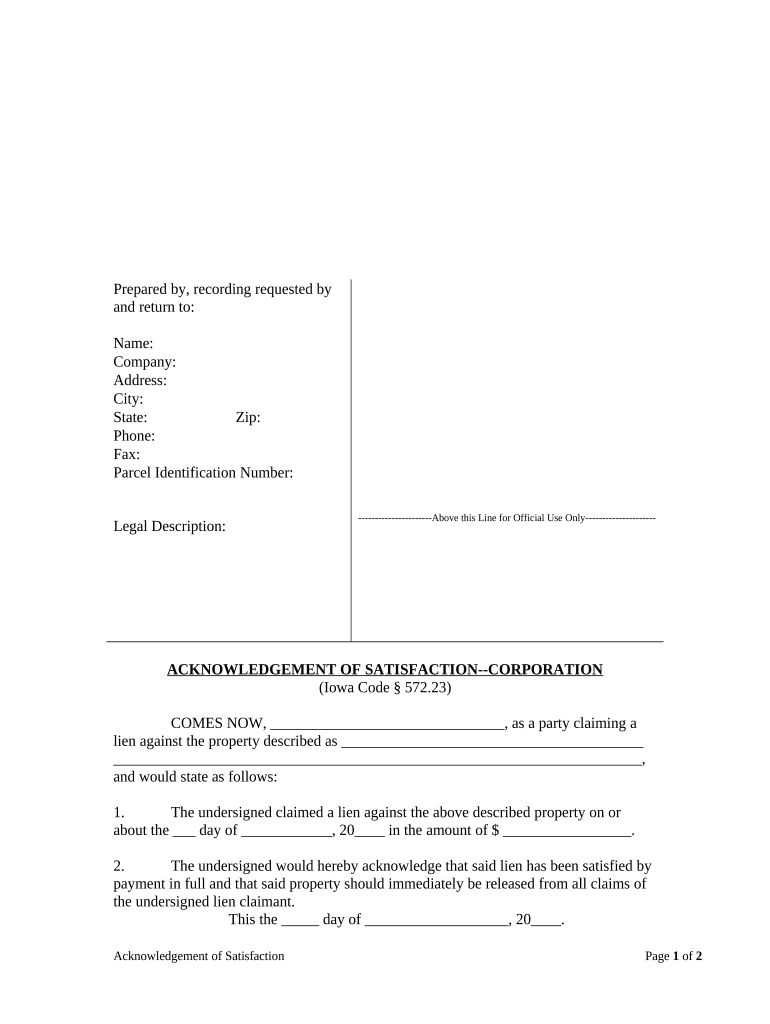 Acknowledgment of Satisfaction for Corporation Iowa  Form