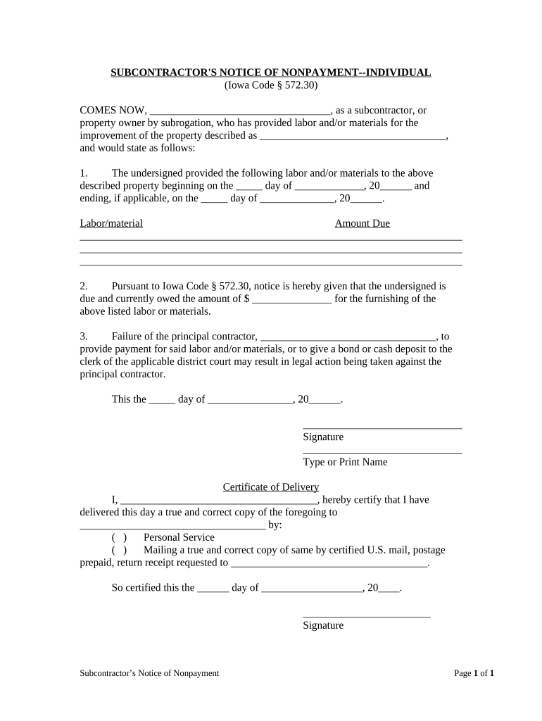 Subcontractor's Notice of Nonpayment Individual Iowa  Form