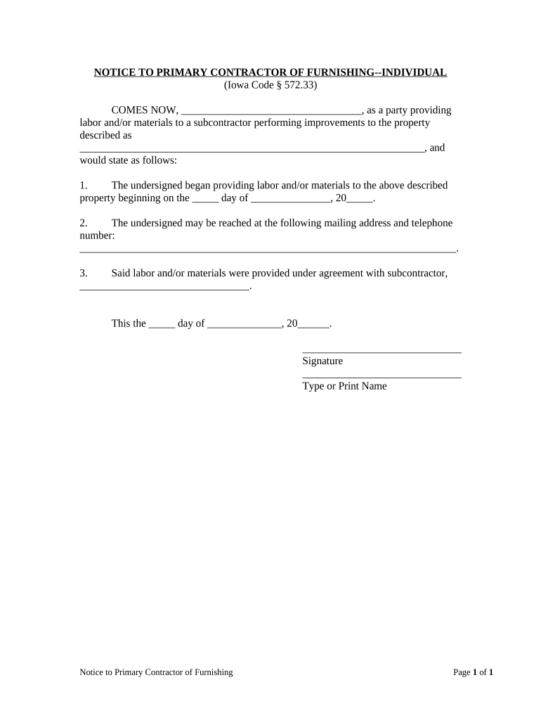 Notice to Primary Contractor of Furnishing Individual Iowa  Form