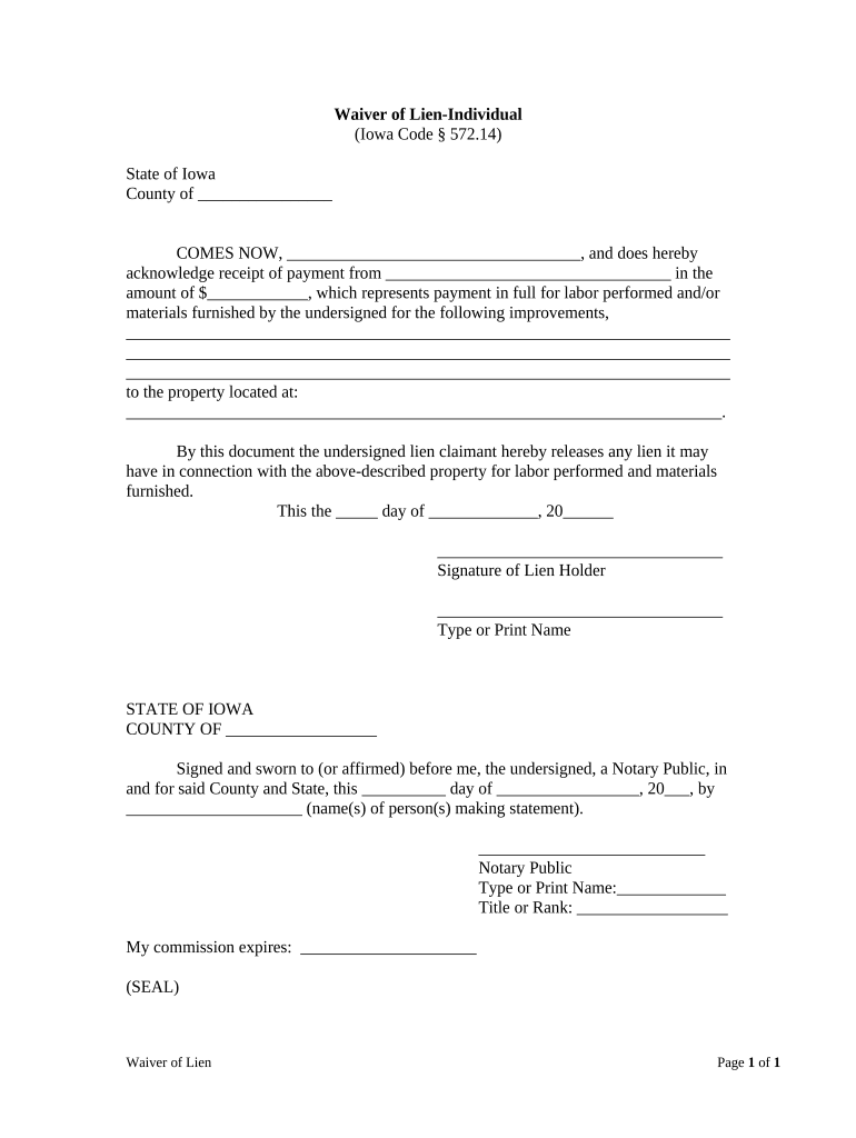 Waiver of Lien by Individual Iowa  Form