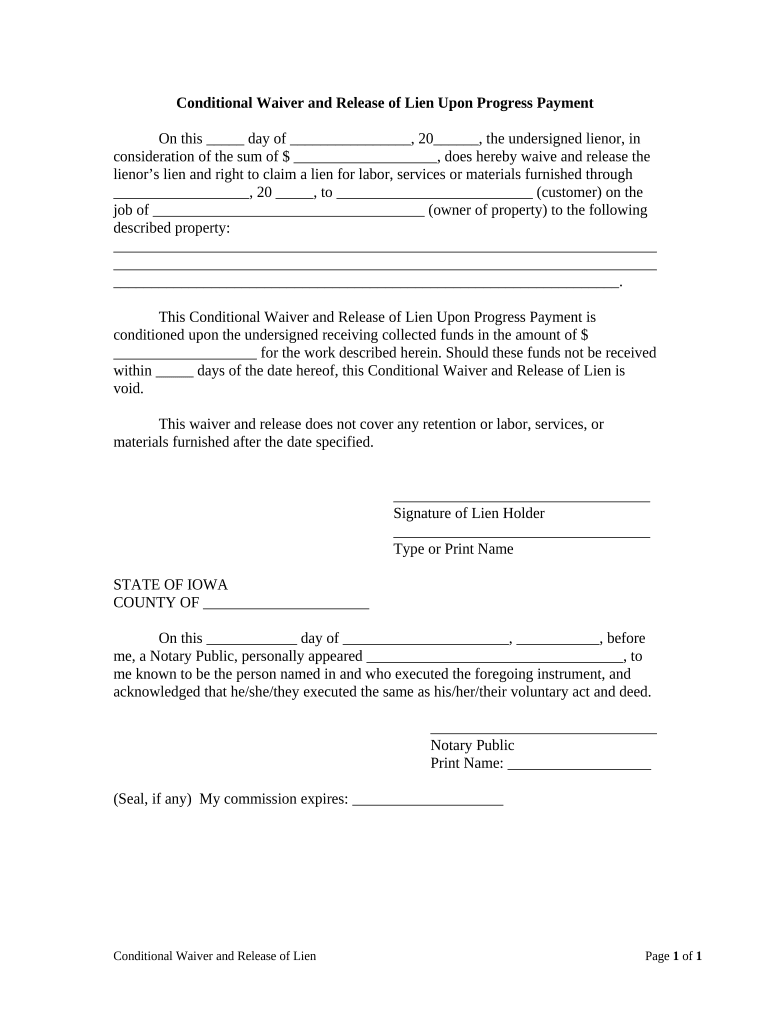 Conditional Waiver and Release of Lien Upon Progress Payment Iowa  Form