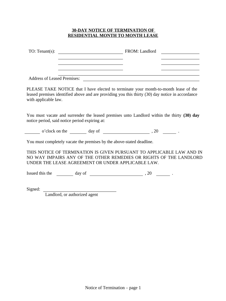 30 Day Notice to Terminate Month to Month Lease Residential from Landlord to Tenant Iowa  Form