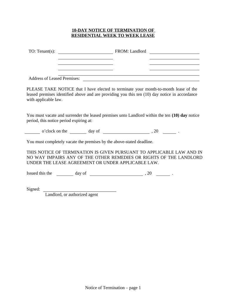 10 Day Notice to Terminate Week to Week Lease for Residential from Landlord to Tenant Iowa  Form