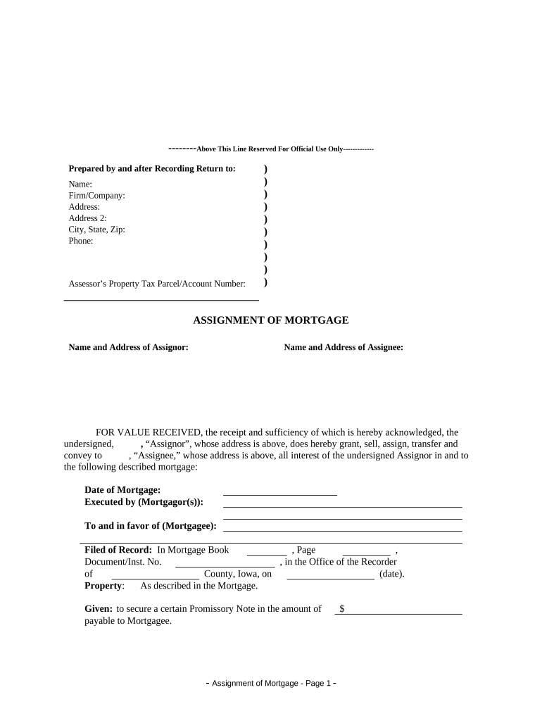 Assignment of Mortgage by Individual Mortgage Holder Iowa  Form