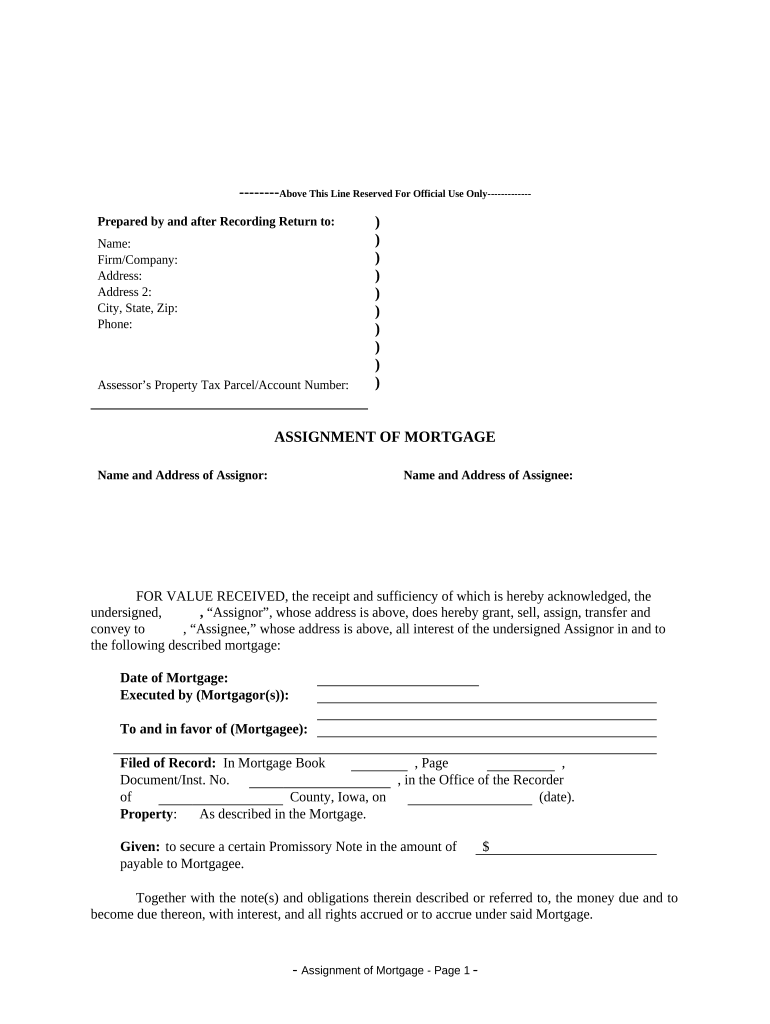 Assignment of Mortgage by Corporate Mortgage Holder Iowa  Form