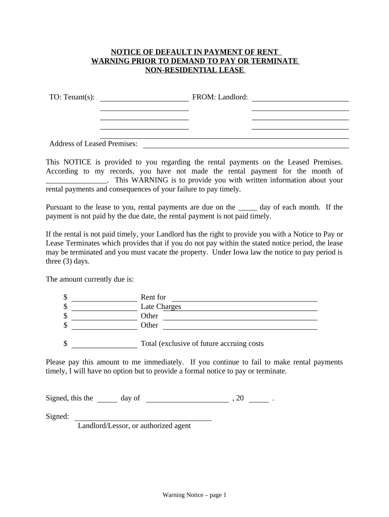 Notice of Default in Payment of Rent as Warning Prior to Demand to Pay or Terminate for Nonresidential or Commercial Property Io  Form