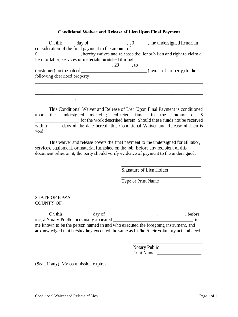 Conditional Waiver and Release of Lien Upon Final Payment Iowa  Form