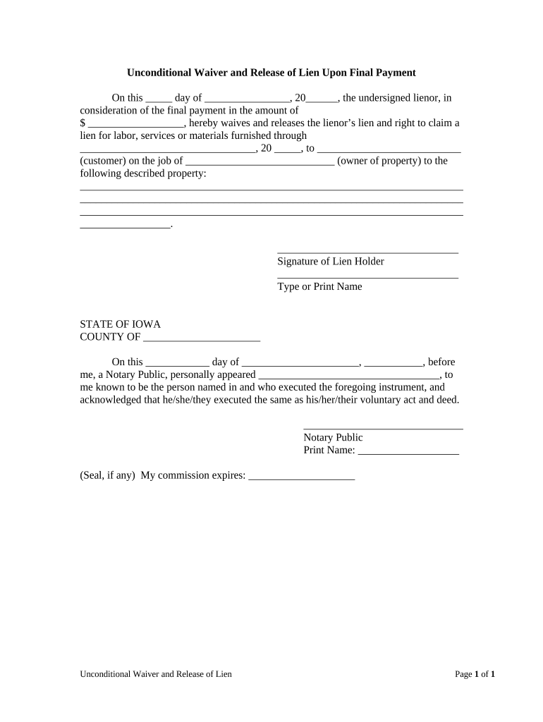 Unconditional Waiver and Release of Lien Upon Final Payment Iowa  Form