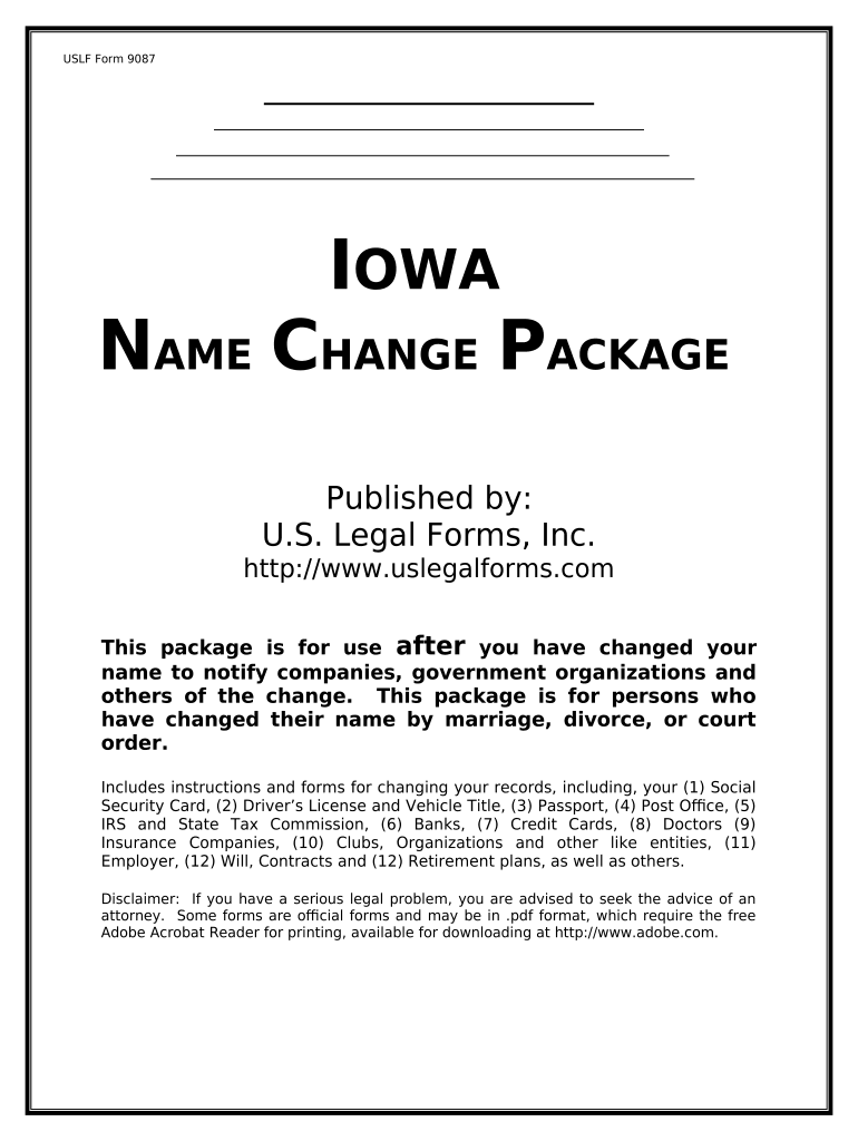 Name Change Notification Package for Brides, Court Ordered Name Change, Divorced, Marriage for Iowa Iowa  Form