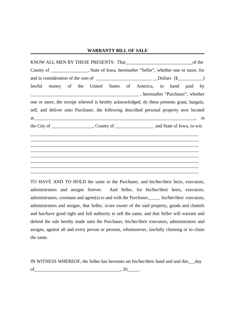 Bill of Sale with Warranty by Individual Seller Iowa  Form