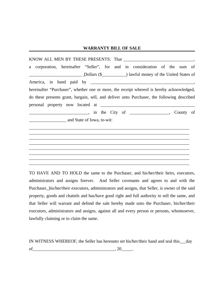 Bill of Sale with Warranty for Corporate Seller Iowa  Form