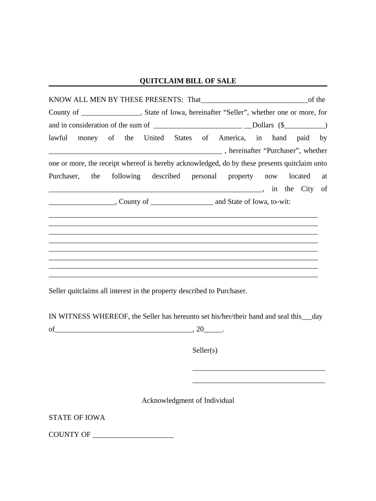 Bill of Sale Without Warranty by Individual Seller Iowa  Form