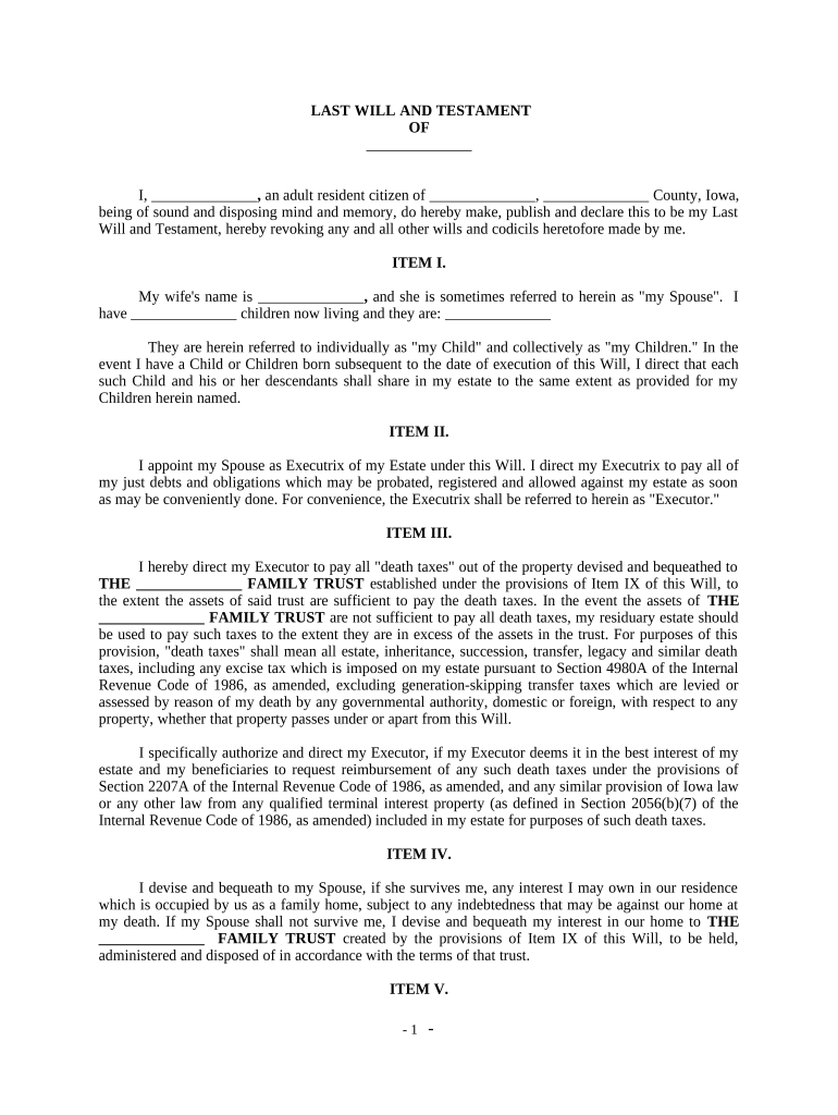 Complex Will with Credit Shelter Marital Trust for Large Estates Iowa  Form