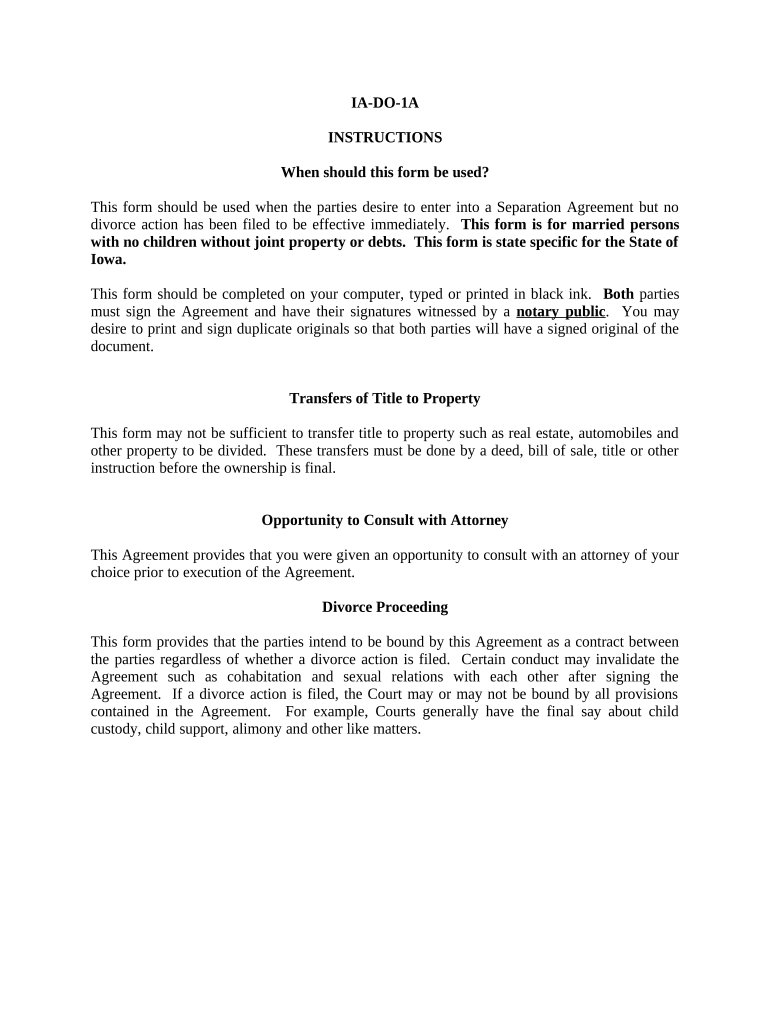 Marital Legal Separation and Property Settlement Agreement for Persons with No Children, No Joint Property, or Debts Effective I  Form