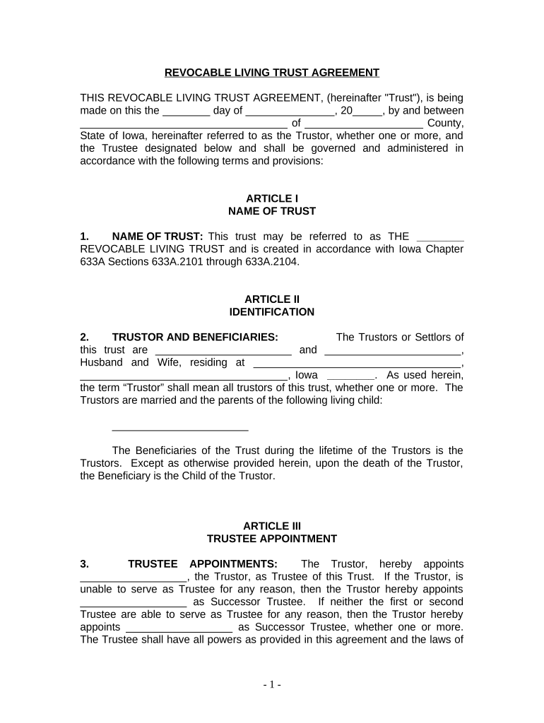 Living Trust for Husband and Wife with One Child Iowa  Form