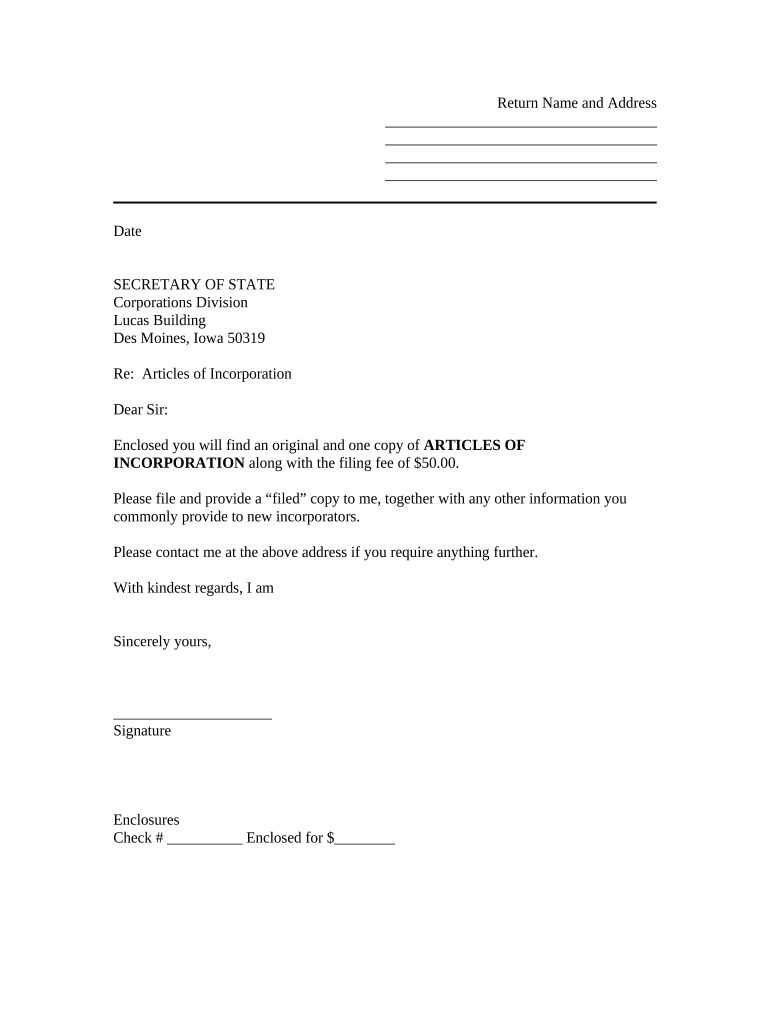 Sample Transmittal Letter to Secretary of State's Office to File Articles of Incorporation Iowa Iowa  Form