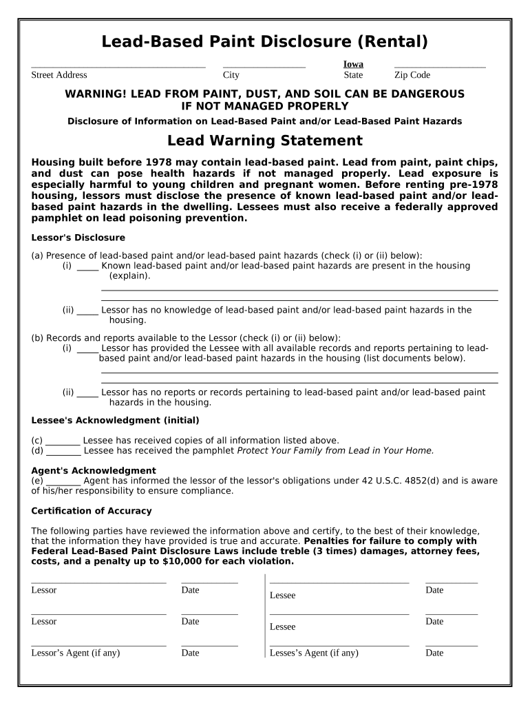 Lead Based Paint Disclosure for Rental Transaction Iowa  Form