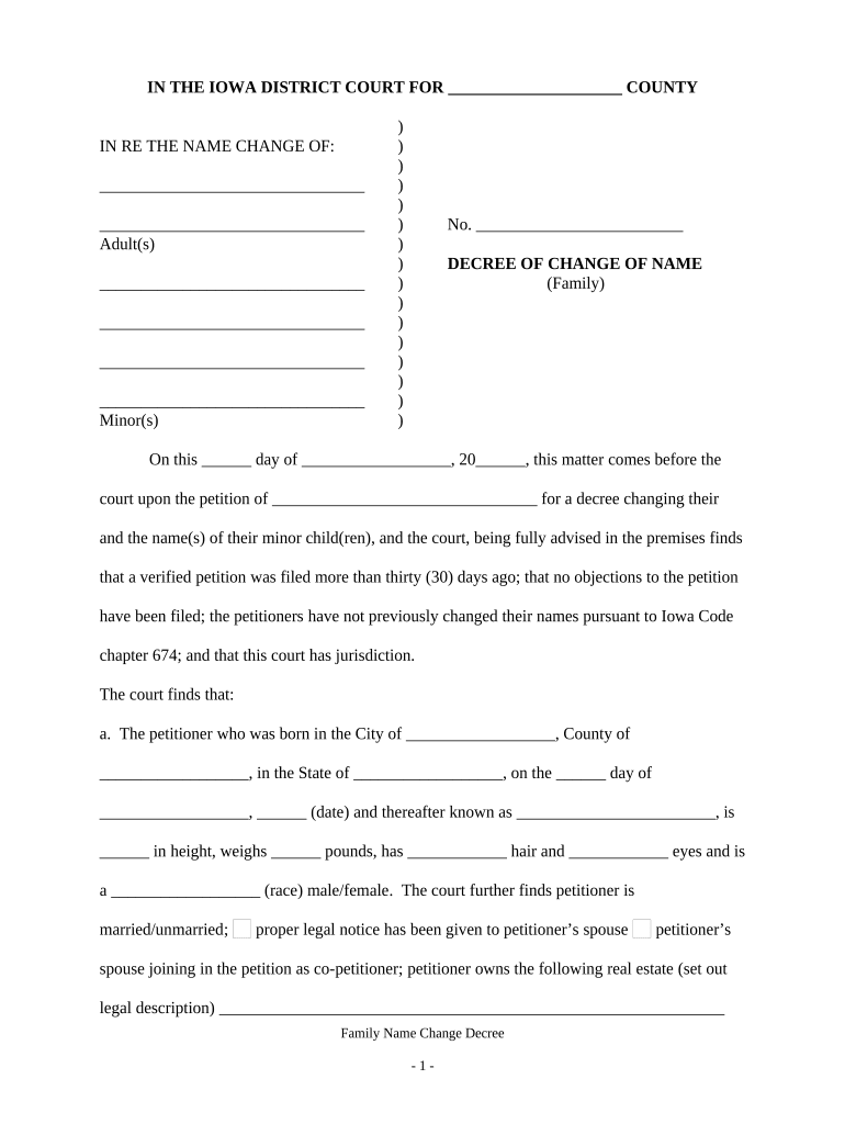 Order for Name Change for Family Iowa  Form