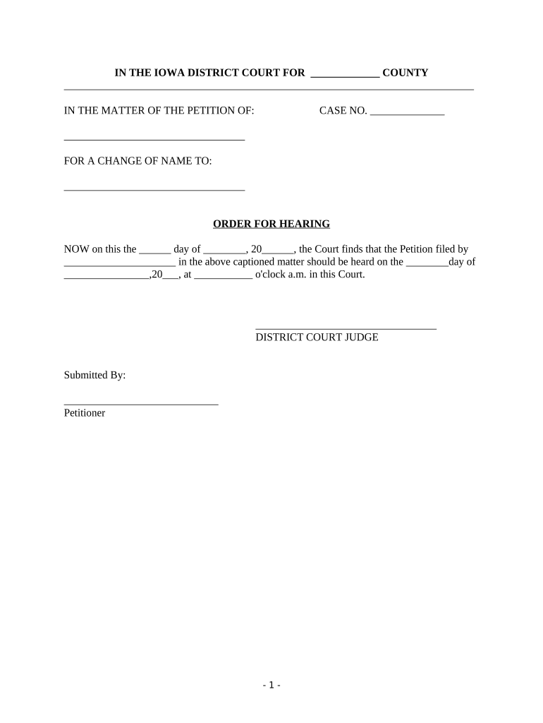 Order for Hearing Family Name Change Iowa  Form
