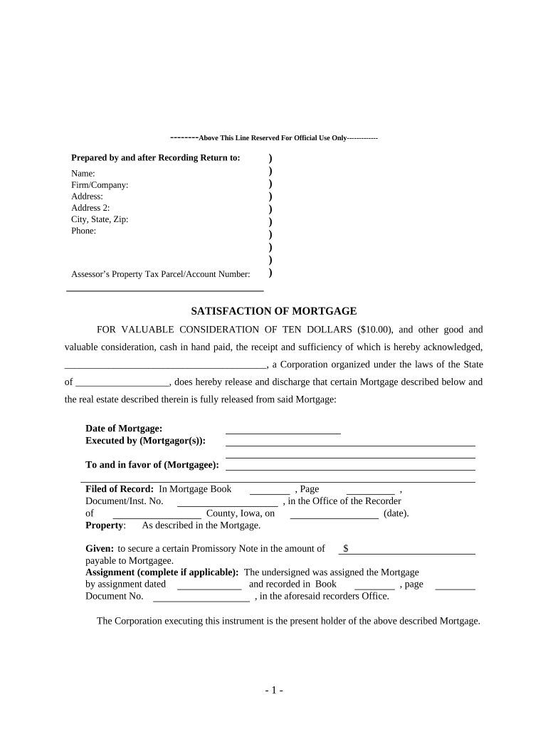 Satisfaction, Release or Cancellation of Mortgage by Corporation Iowa  Form