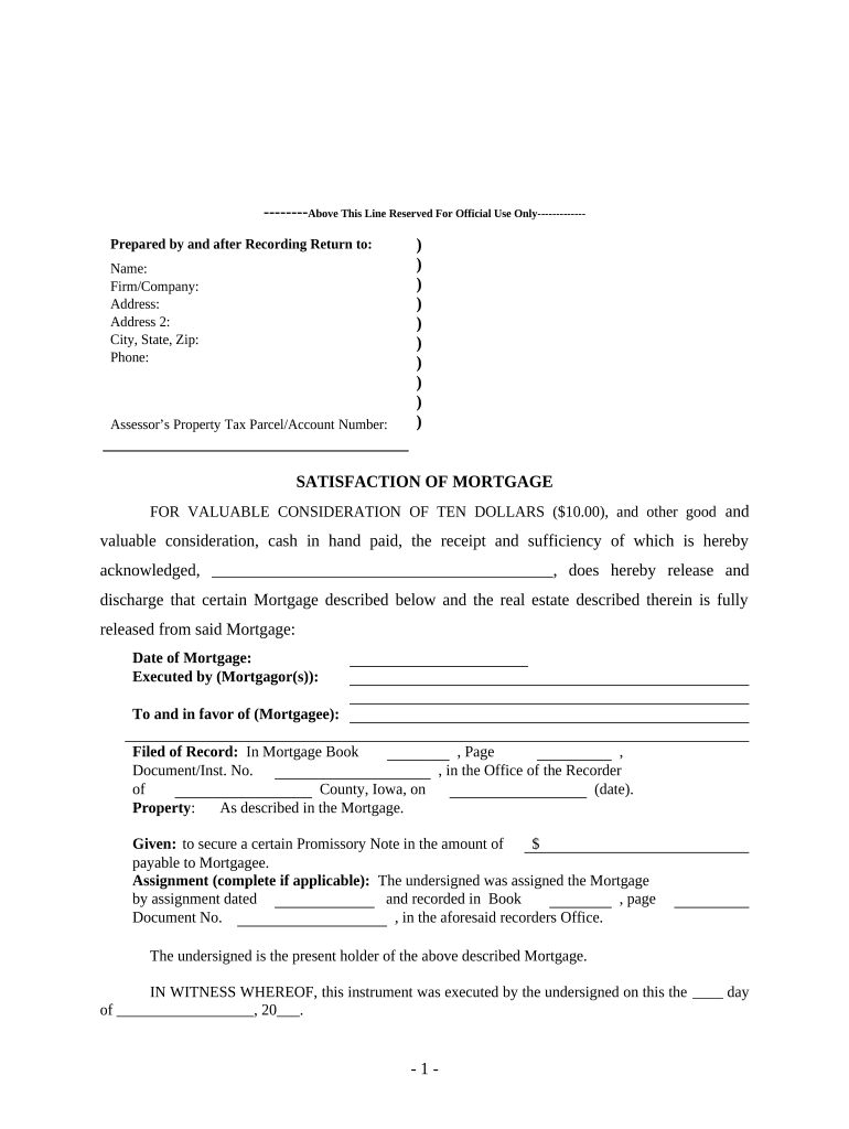 Satisfaction, Release or Cancellation of Mortgage by Individual Iowa  Form