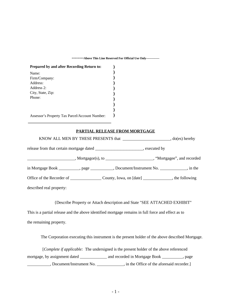 Partial Release of Property from Mortgage for Corporation Iowa  Form
