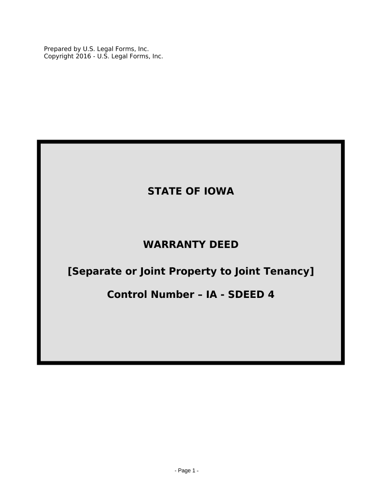 Warranty Deed for Separate or Joint Property to Joint Tenancy Iowa  Form