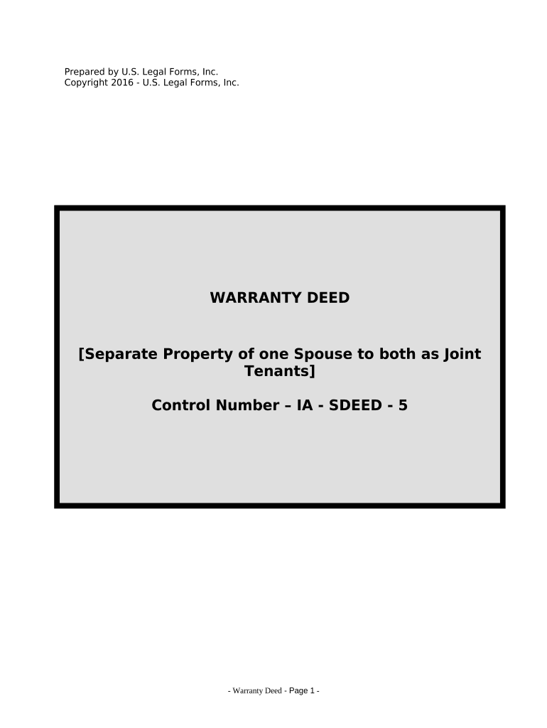 Warranty Deed to Separate Property of One Spouse to Both Spouses as Joint Tenants Iowa  Form