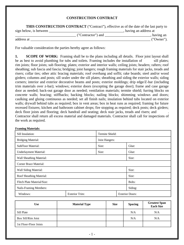 Framing Contract for Contractor Idaho  Form