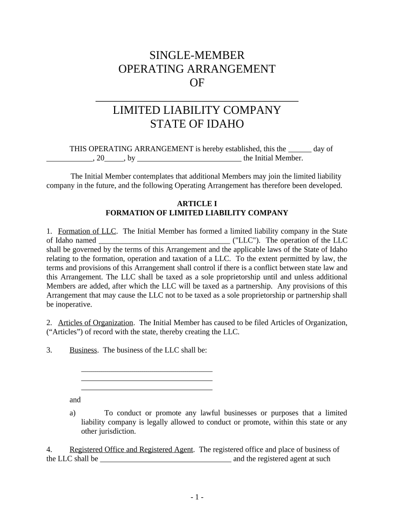 Single Member Limited Liability Company LLC Operating Agreement Idaho  Form