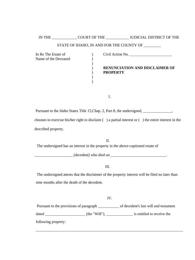 Idaho Renunciation and Disclaimer of Property from Will by Testate Idaho  Form