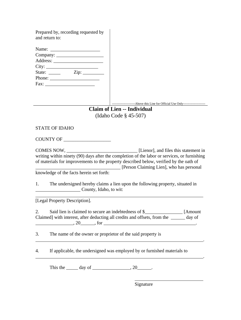 Claim of Lien by Individual Idaho  Form