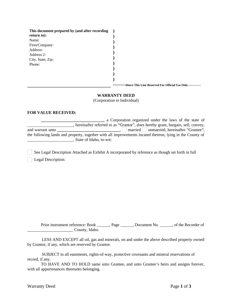 Warranty Deed from Corporation to Individual Idaho  Form