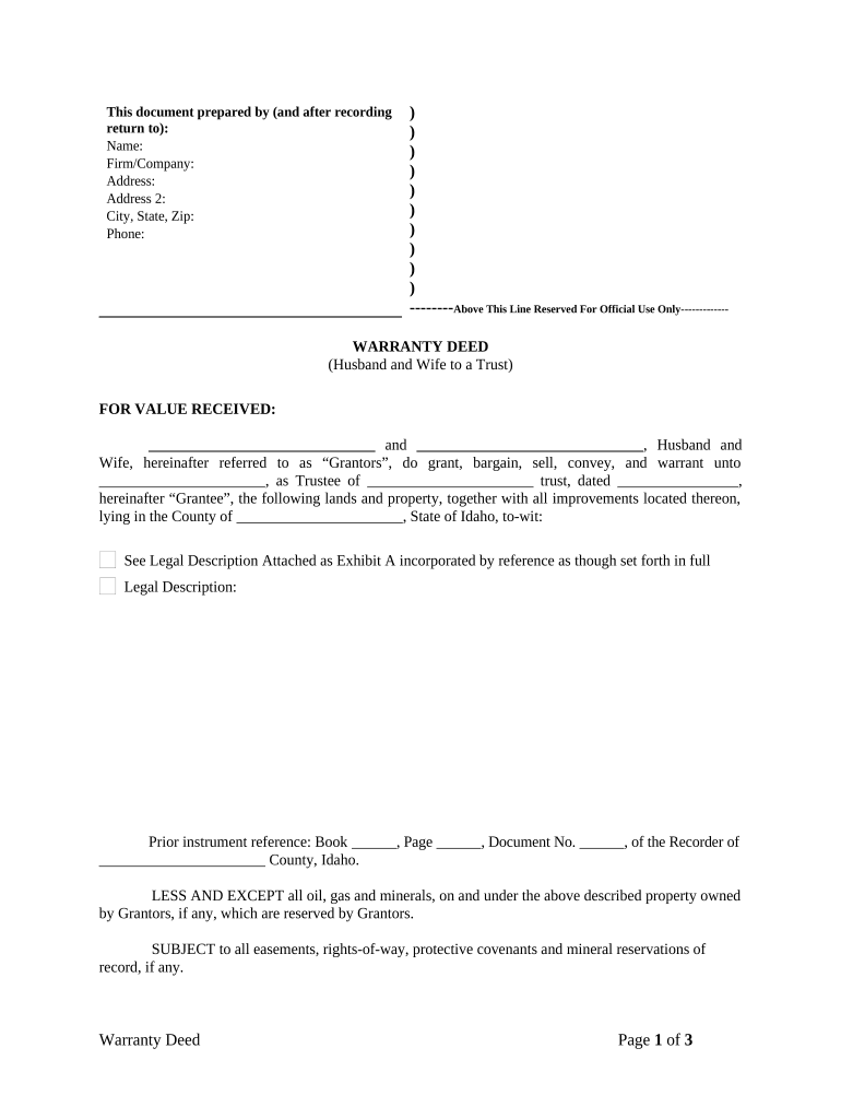 Warranty Deed from Husband and Wife to a Trust Idaho  Form