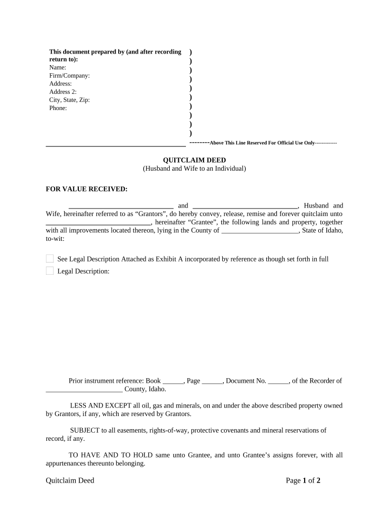 Quitclaim Deed from Husband and Wife to an Individual Idaho  Form