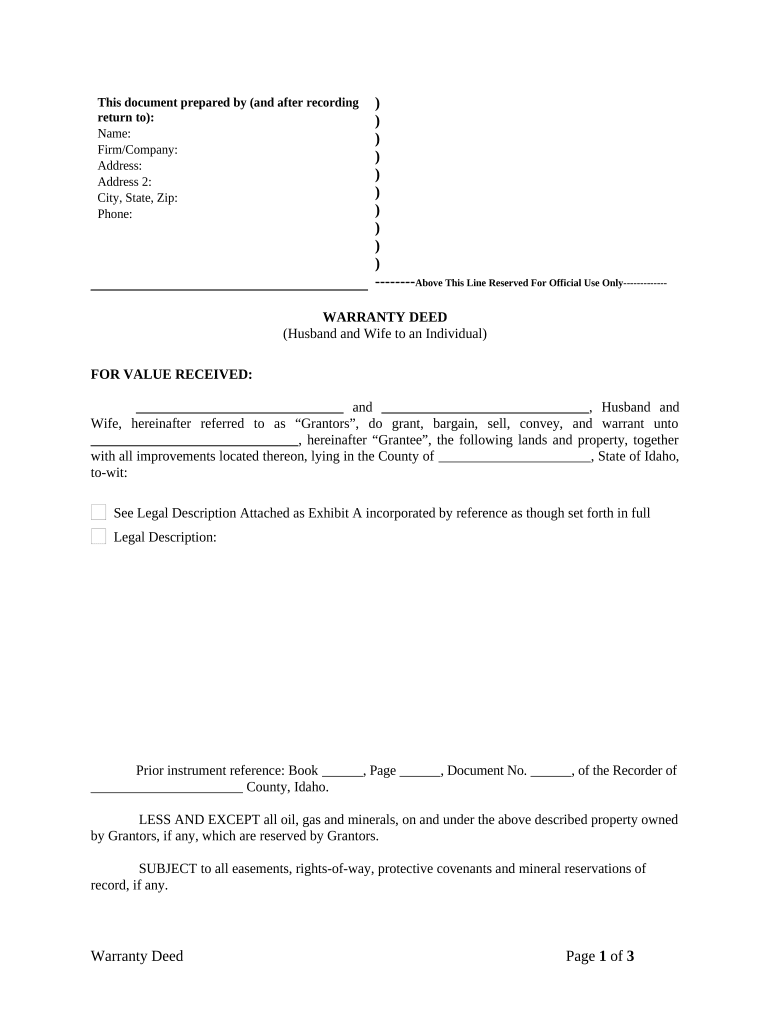 Warranty Deed from Husband and Wife to an Individual Idaho  Form