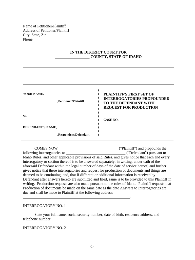 Discovery Interrogatories from Plaintiff to Defendant with Production Requests Idaho  Form