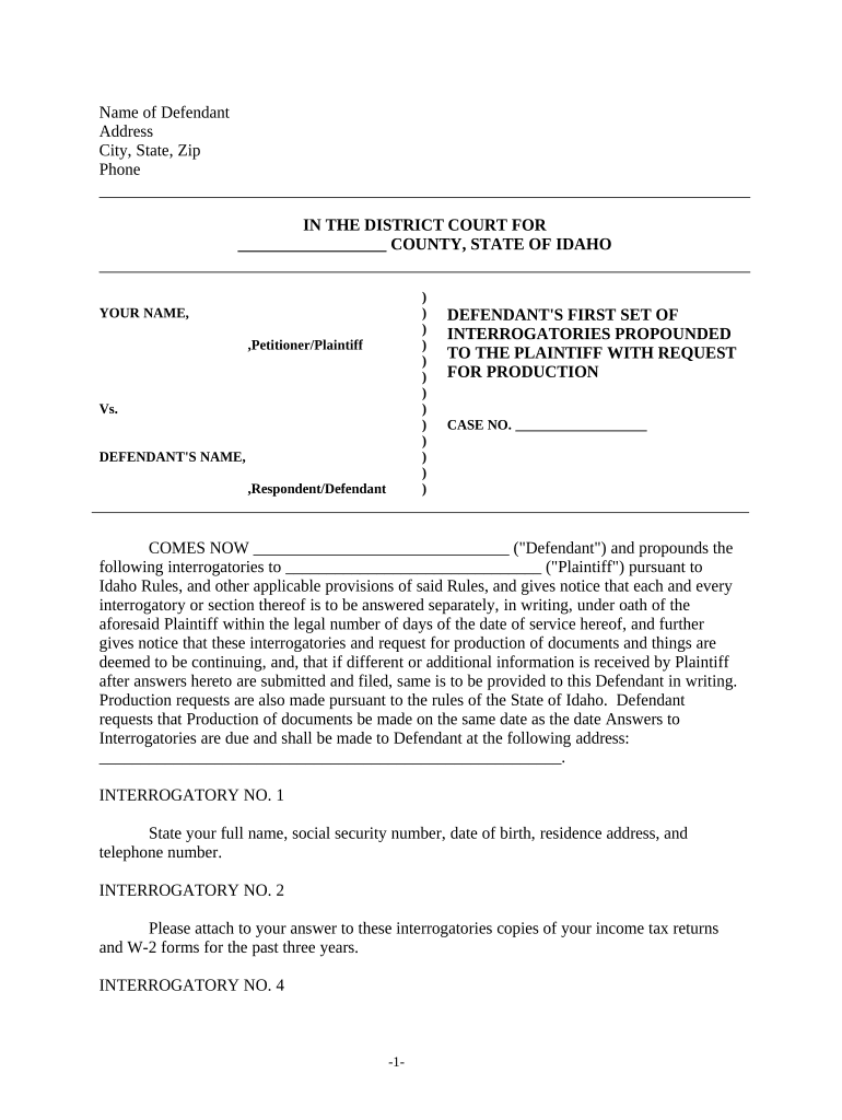 Discovery Interrogatories from Defendant to Plaintiff with Production Requests Idaho  Form