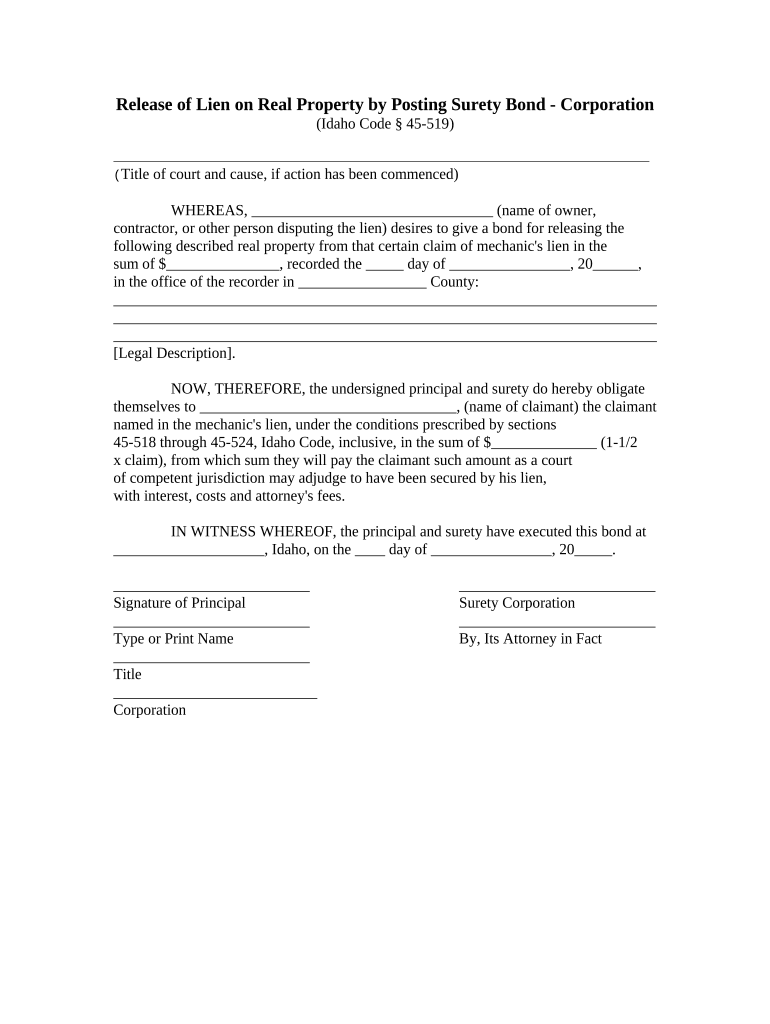 Release of Lien by Posting of Surety Bond by Corporation or LLC Idaho  Form