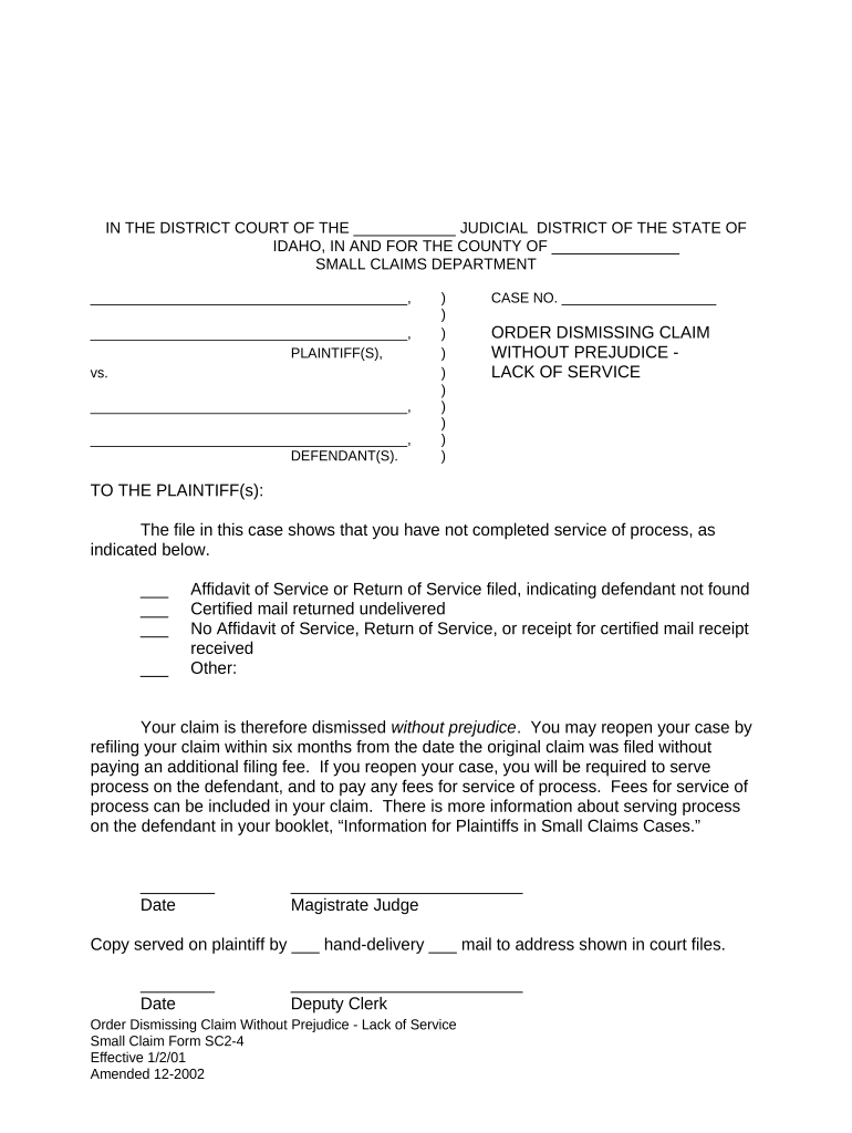 Order Dismissing Claim Without Prejudice Lack of Service Idaho  Form