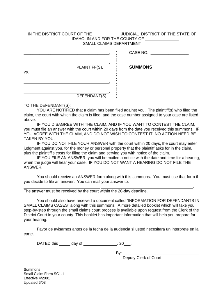 Idaho Summons  Form