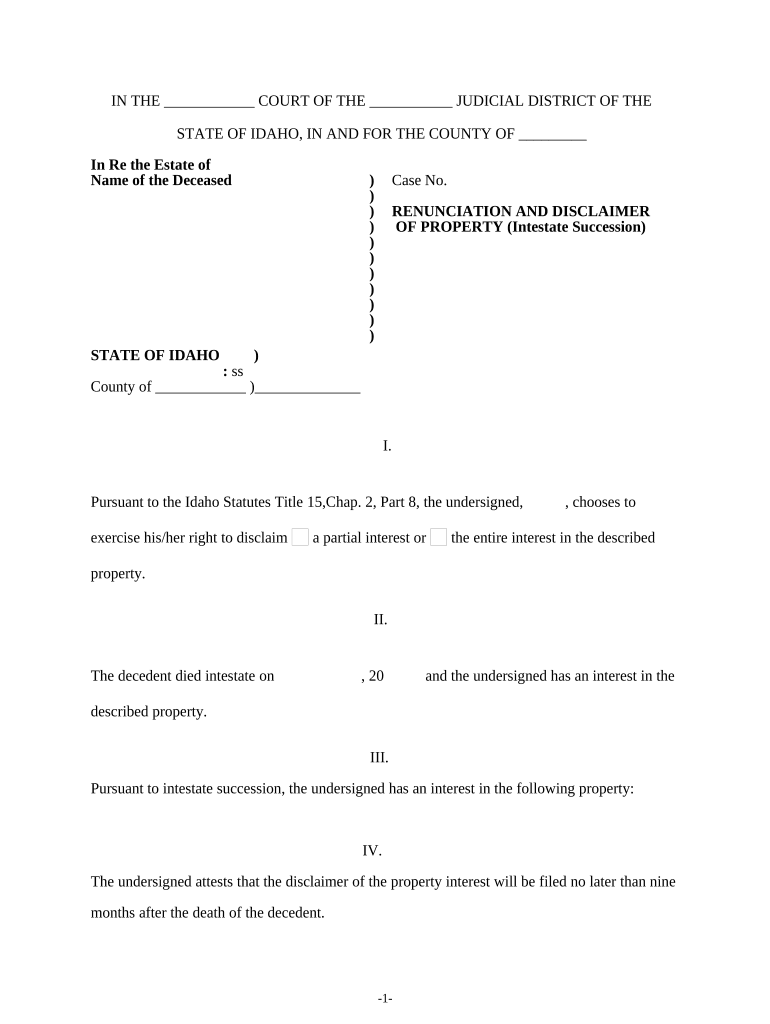 Idaho Intestate Succession  Form