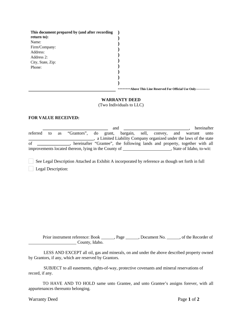 Warranty Deed from Two Individuals to LLC Idaho  Form