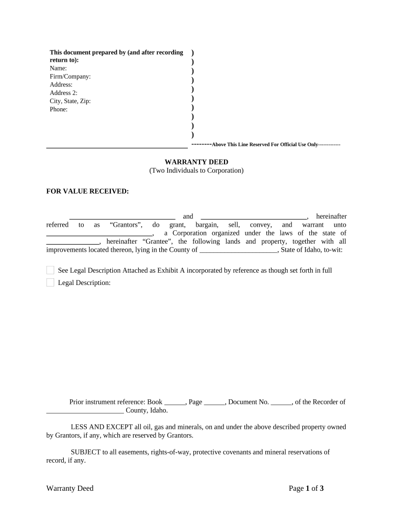 Warranty Deed from Two Individuals to Corporation Idaho  Form