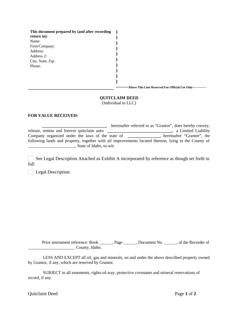 Quitclaim Deed from Individual to LLC Idaho  Form