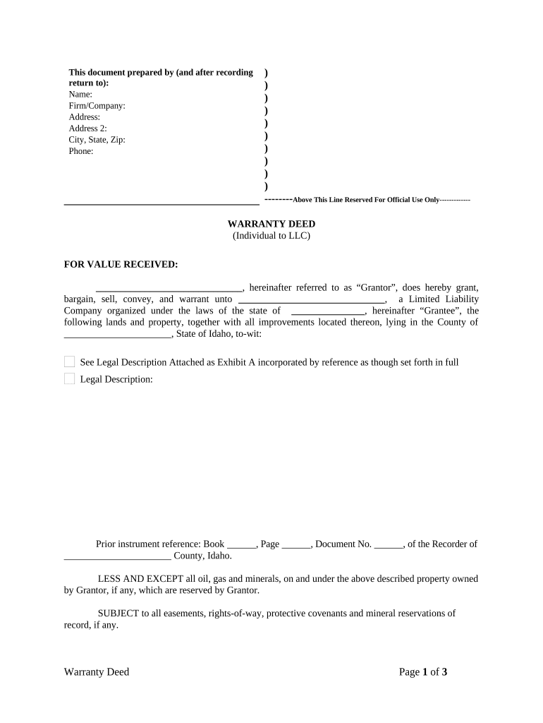 Warranty Deed from Individual to LLC Idaho  Form