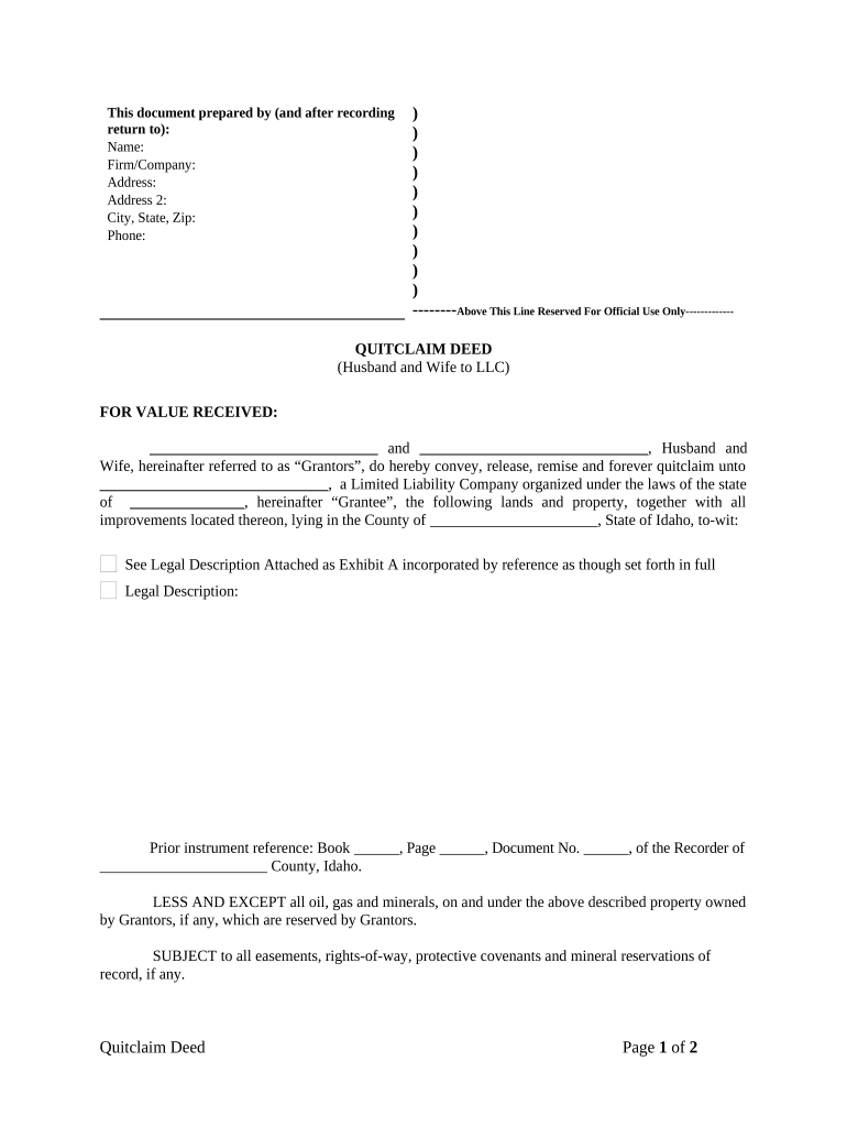 Quitclaim Deed from Husband and Wife to LLC Idaho  Form