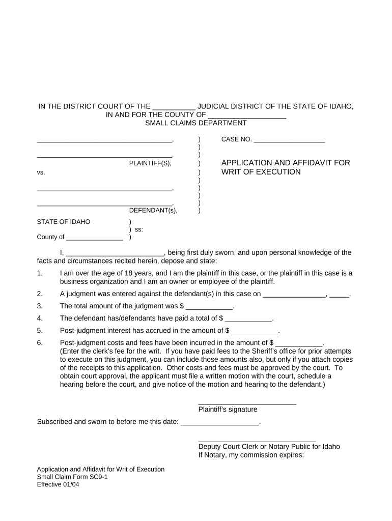Idaho Writ Execution  Form